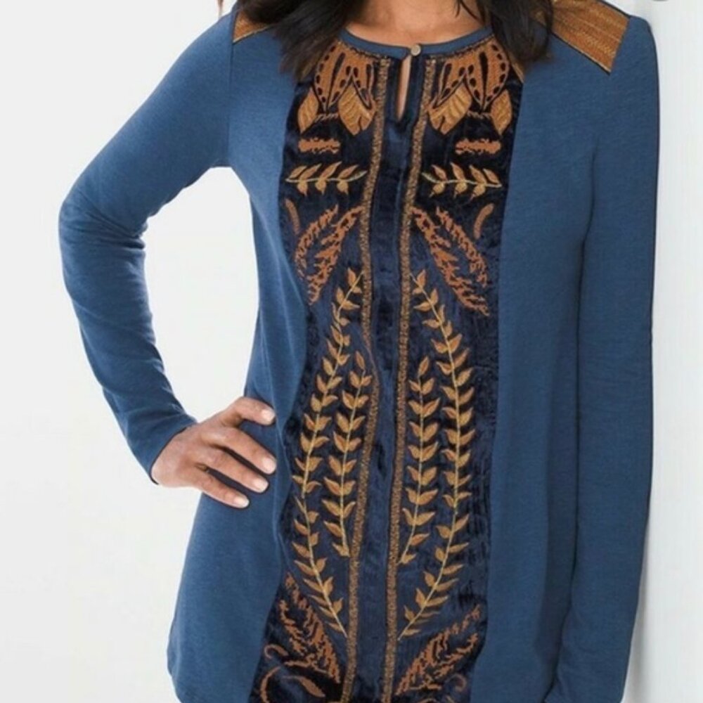 Chico's Zenergy Size 3 Tunic Top Embroidered Velvet Front XL Casual Comfy